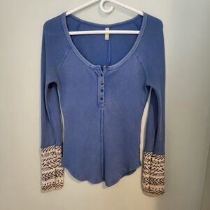 Free People Small Women Alpine Patterned Cuff Henley Knit Thermal Boho‎ Blue